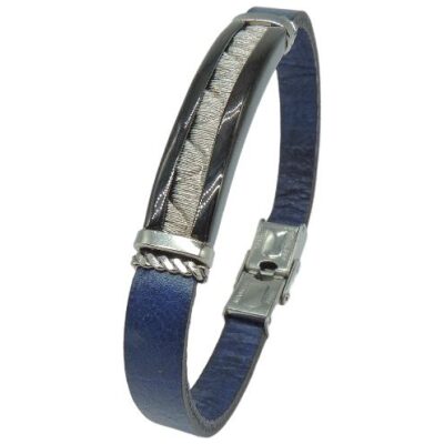 PULSERA I PIEL AZUL CENTRO ACERO RAYADO