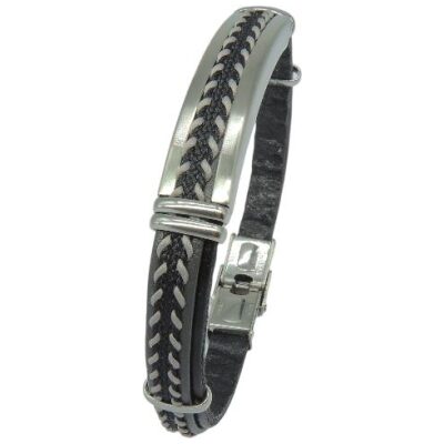 PULSERA I PIEL TRENZA GRIS APLIQUE CENTRAL