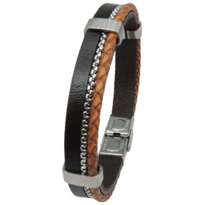 PULSERA I TRENZA CUERO PIEL MARRON CENTRO ACERO